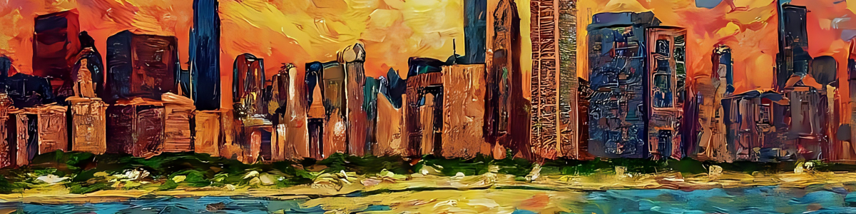Painterly Chicago skyline in gold, orange, and deep blue