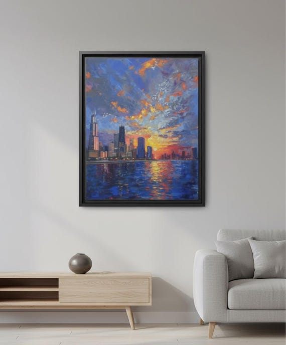 Deep Blue Chicago Skyline Framed Canvas