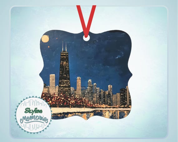 Chicago Skyline Family Ornament, Personalized Chicago at Night Keepsake