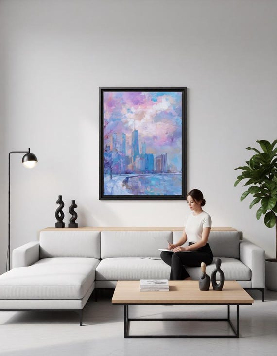 Chicago Winter Skyline Framed Canvas Wall Art