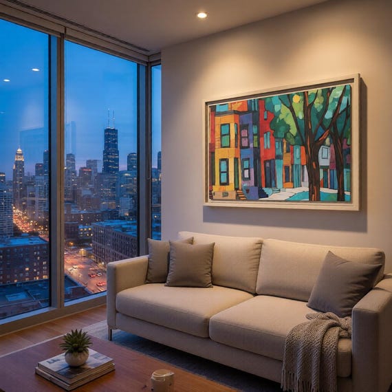 Chicago Abstract Brownstones Floating Frame Canvas