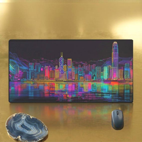 Neon Hong Kong Skyline Desk Mat